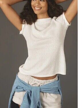 Anthropologie Pilcro Textured Rib Layering Short Sleeve Top Cream Size XL